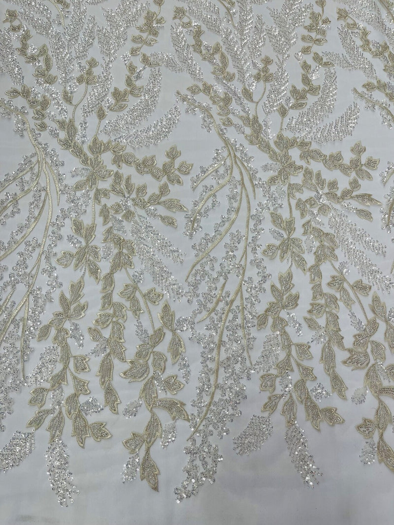 Floral Leaf Bead Sequins Fabric - Off-White - Leaf Nature Beaded Sequins Lace Fabric by the yard