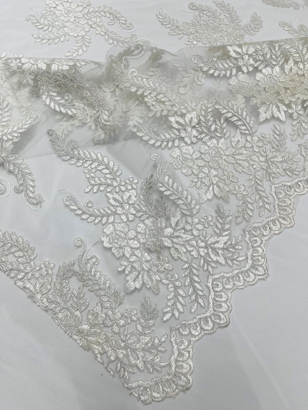 Long Leaf Designs Lace Fabric - Off-White - Embroidered Braid Leaf Pattern on Lace Mesh Fabric By Yard