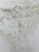 Long Leaf Designs Lace Fabric - Off-White - Embroidered Braid Leaf Pattern on Lace Mesh Fabric By Yard