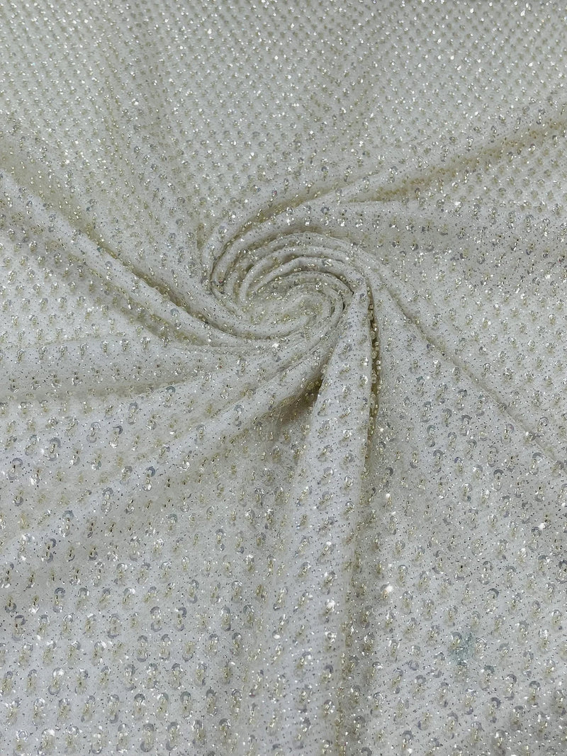 Beaded Glitter Tulle Fabric - Off-White - 60" Wide Shiny Glitter Mesh Fabric Sold By The Yard