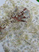 Corded Lace Floral Fabric - Off-White - Hologram Sequins Metallic Thread Floral Fabric by Yard