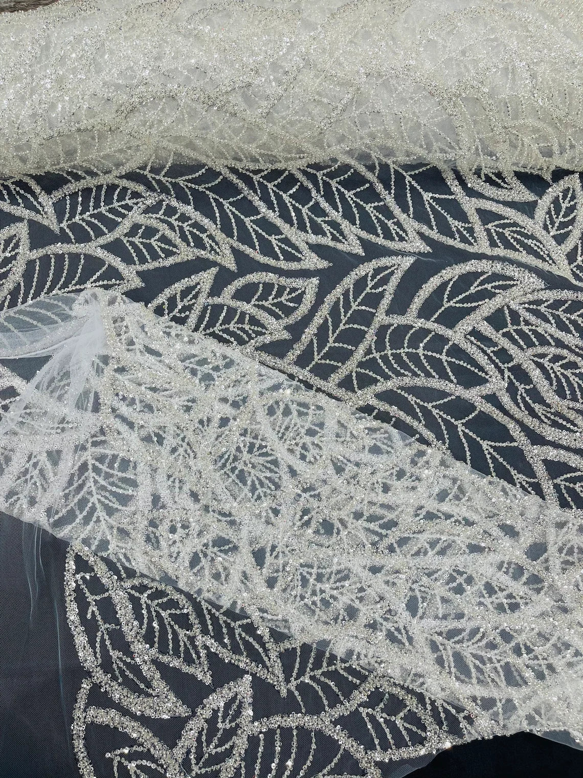 Off-White Wavy Leaf Design - Fancy Embroidered Beaded Leaf Design Fabric Sold by Yard
