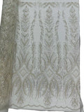 Beaded Lines Fabric - Off-White - Luxury Beads and Sequins Line Design Fabric By Yard