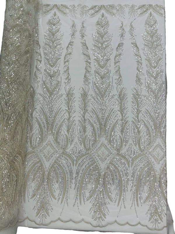 Beaded Lines Fabric - Off-White - Luxury Beads and Sequins Line Design Fabric By Yard