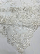 Floral Plant Lace Fabric - Off-White - Embroidery Flower Small Leaf Design Lace Fabric Sold By Yard