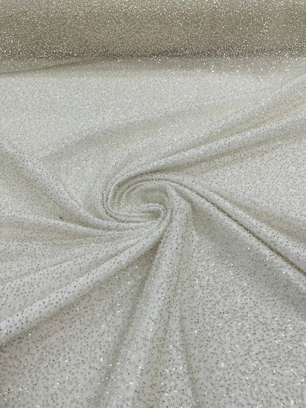 3D Beaded Lace Fabric - Off-White - Heavy Embroidery Handmade Lace, Beaded Fabric By Yard
