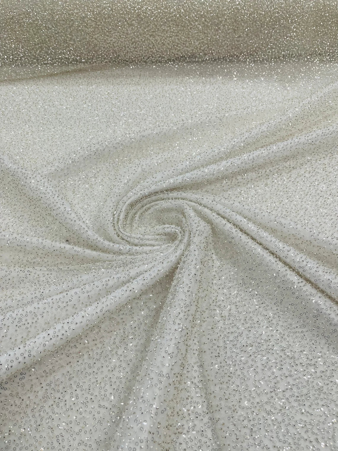 3D Beaded Lace Fabric - Off-White - Heavy Embroidery Handmade Lace, Beaded Fabric By Yard