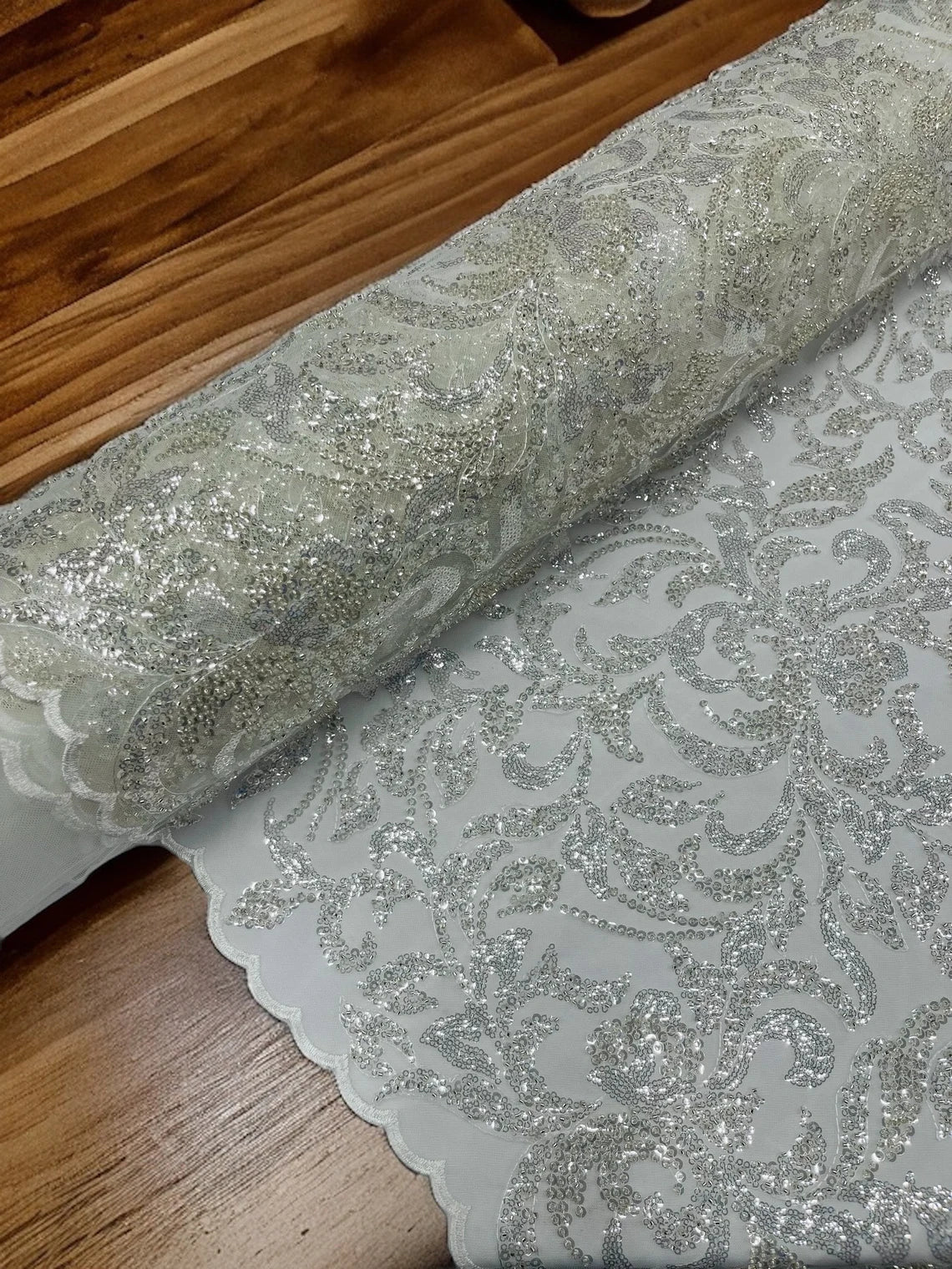 Beaded Flower Leaf Fabric - Off-White - Shiny Beads and Sequins in Flower Design on Lace by Yard