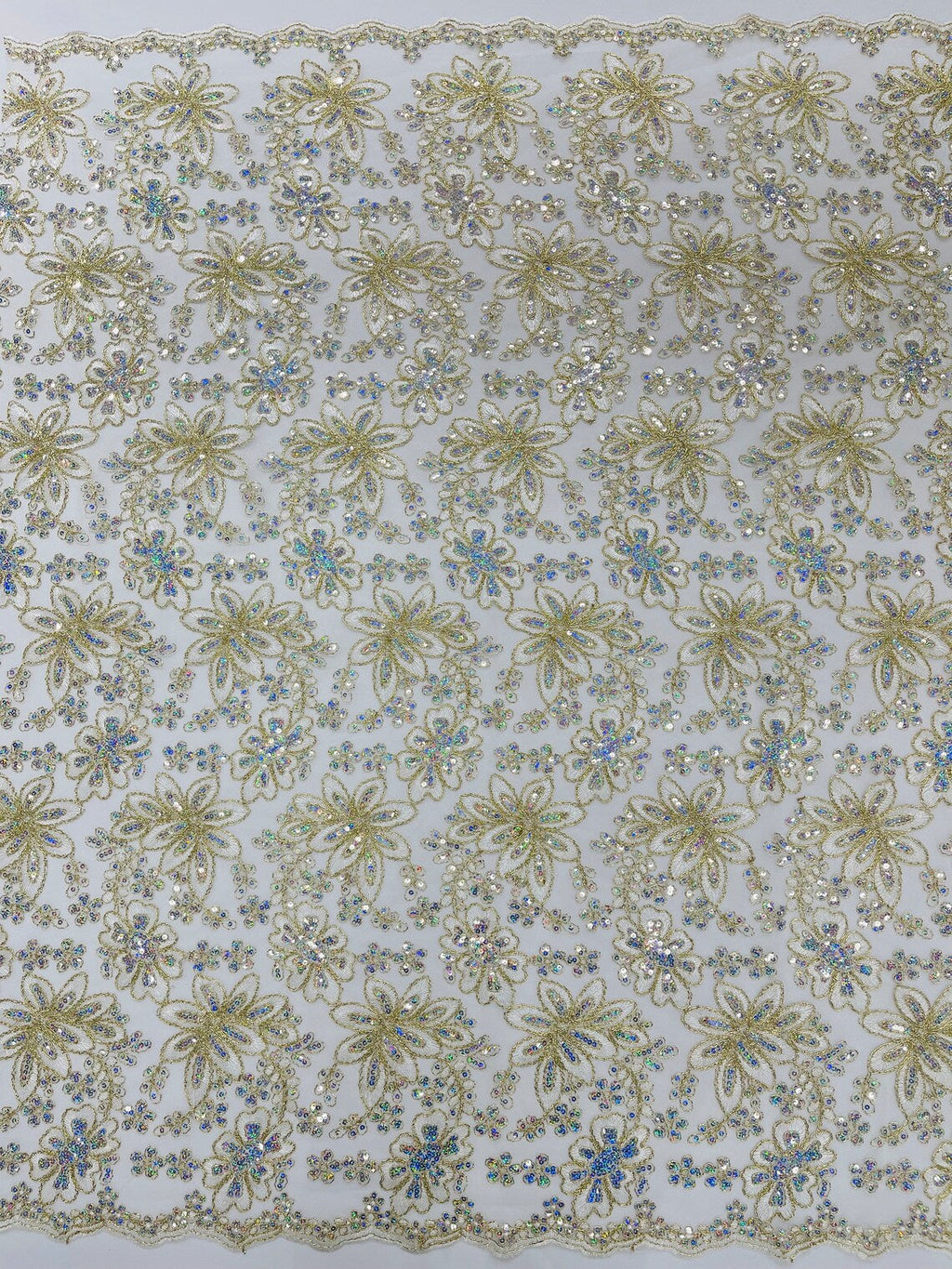 Corded Lace Floral Fabric - Off-White - Hologram Sequins Metallic Thread Floral Fabric by Yard