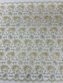 Corded Lace Floral Fabric - Off-White - Hologram Sequins Metallic Thread Floral Fabric by Yard