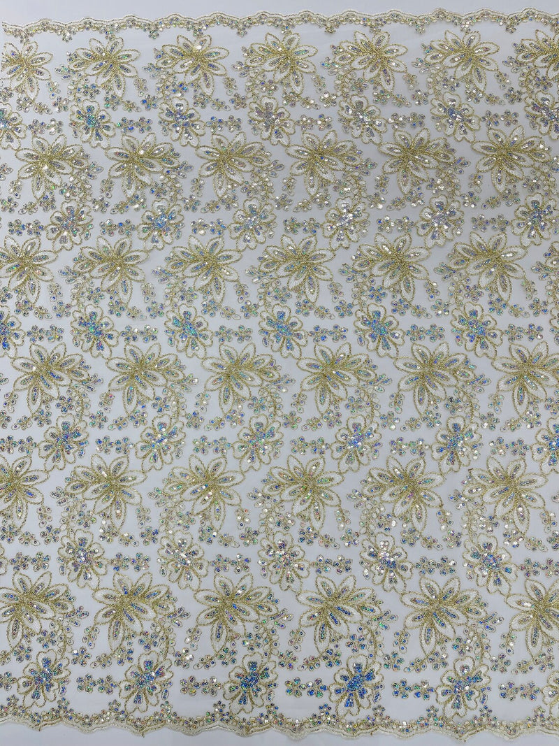 Corded Lace Floral Fabric - Off-White - Hologram Sequins Metallic Thread Floral Fabric by Yard