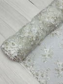 3D Flower Sequins Design - Off-White - Embroidered Pearl Sequins Floral Clusters Lace Fabric By Yard