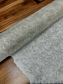 Beaded Flower Leaf Fabric - Off-White - Shiny Beads and Sequins in Flower Design on Lace by Yard