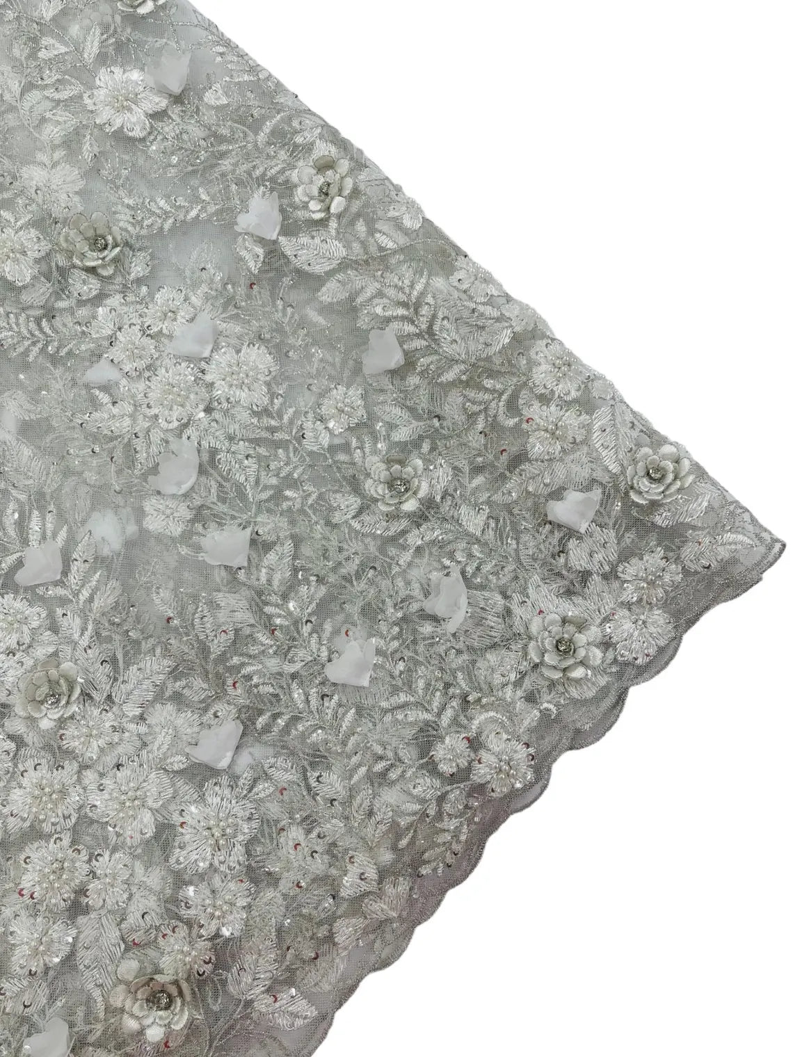 3D Flower Rhinestone Design - Off-White - Embroidered Flower Sequins Lace Fabric By Yard