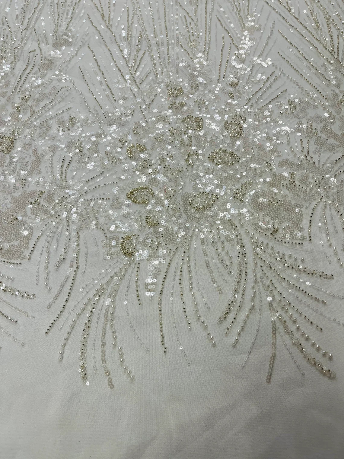 Beaded Floral Line Fabric - Off-White - Beaded Embroidered Lines and Flowers on Mesh By Yard