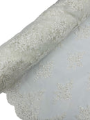 Beaded Floral Fabric - Off-White - Floral Cluster Design Fabric with Damask Border by Yard