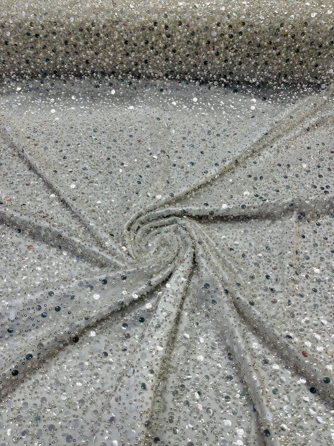 Heavy Duty Sequins Pearl Fabric - Off-White - Heavy Handmade Embroidery Lace with Sequins All Over By Yard
