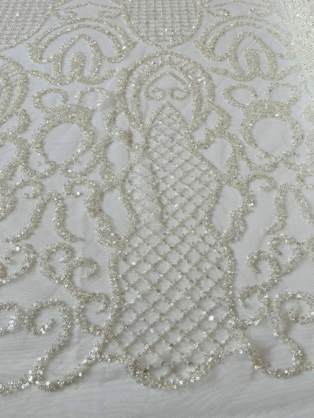 Beaded Fashion Design Fabric - Off-White - Beaded Embroidered Damask Style Fabric on Mesh By Yard