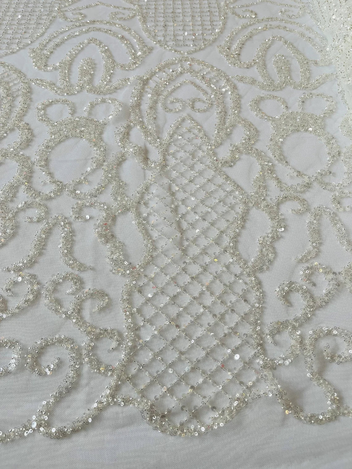 Beaded Fashion Design Fabric - Off-White - Beaded Embroidered Damask Style Fabric on Mesh By Yard