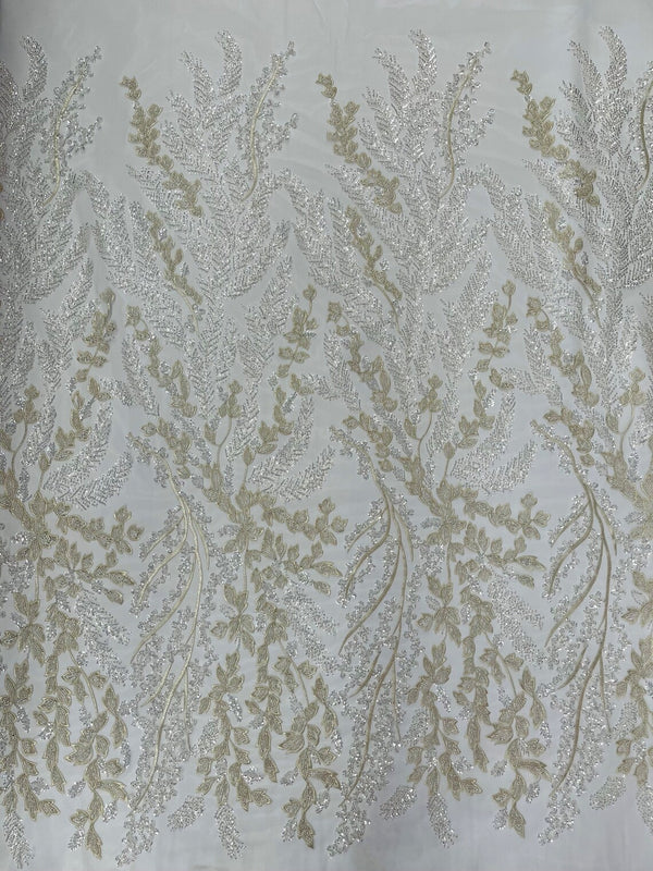 Floral Leaf Bead Sequins Fabric - Off-White - Leaf Nature Beaded Sequins Lace Fabric by the yard
