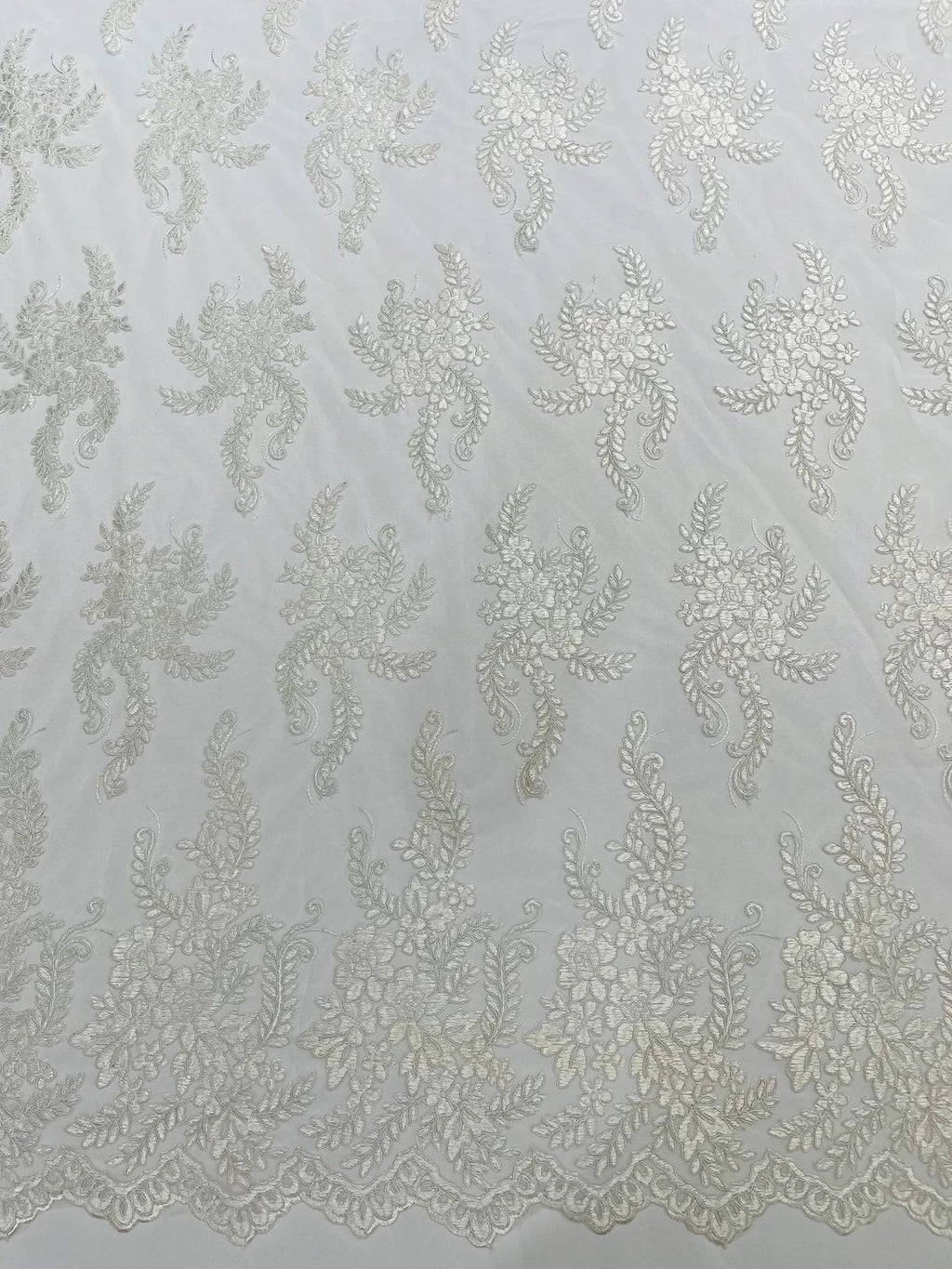 Long Leaf Designs Lace Fabric - Off-White - Embroidered Braid Leaf Pattern on Lace Mesh Fabric By Yard