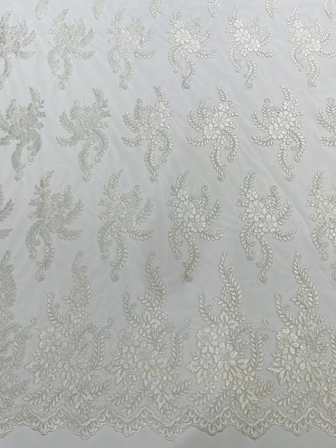 Long Leaf Designs Lace Fabric - Off-White - Embroidered Braid Leaf Pattern on Lace Mesh Fabric By Yard
