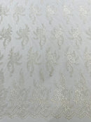 Long Leaf Designs Lace Fabric - Off-White - Embroidered Braid Leaf Pattern on Lace Mesh Fabric By Yard