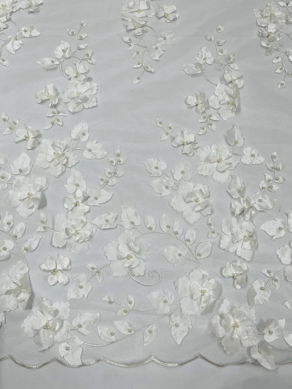 3D Floral Pearl Fabric - Off-White - Embroidered Floral Pearl Fabric Double Border On Mesh By Yard