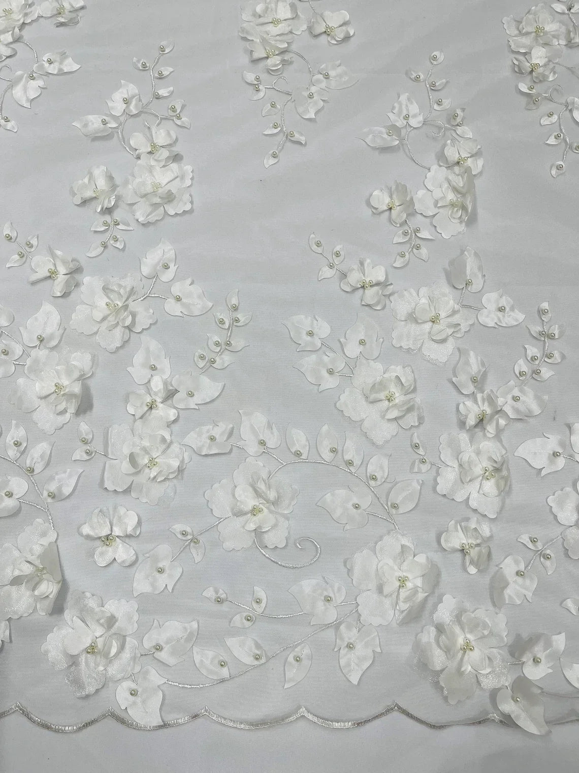 3D Floral Pearl Fabric - Off-White - Embroidered Floral Pearl Fabric Double Border On Mesh By Yard