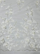 3D Floral Pearl Fabric - Off-White - Embroidered Floral Pearl Fabric Double Border On Mesh By Yard