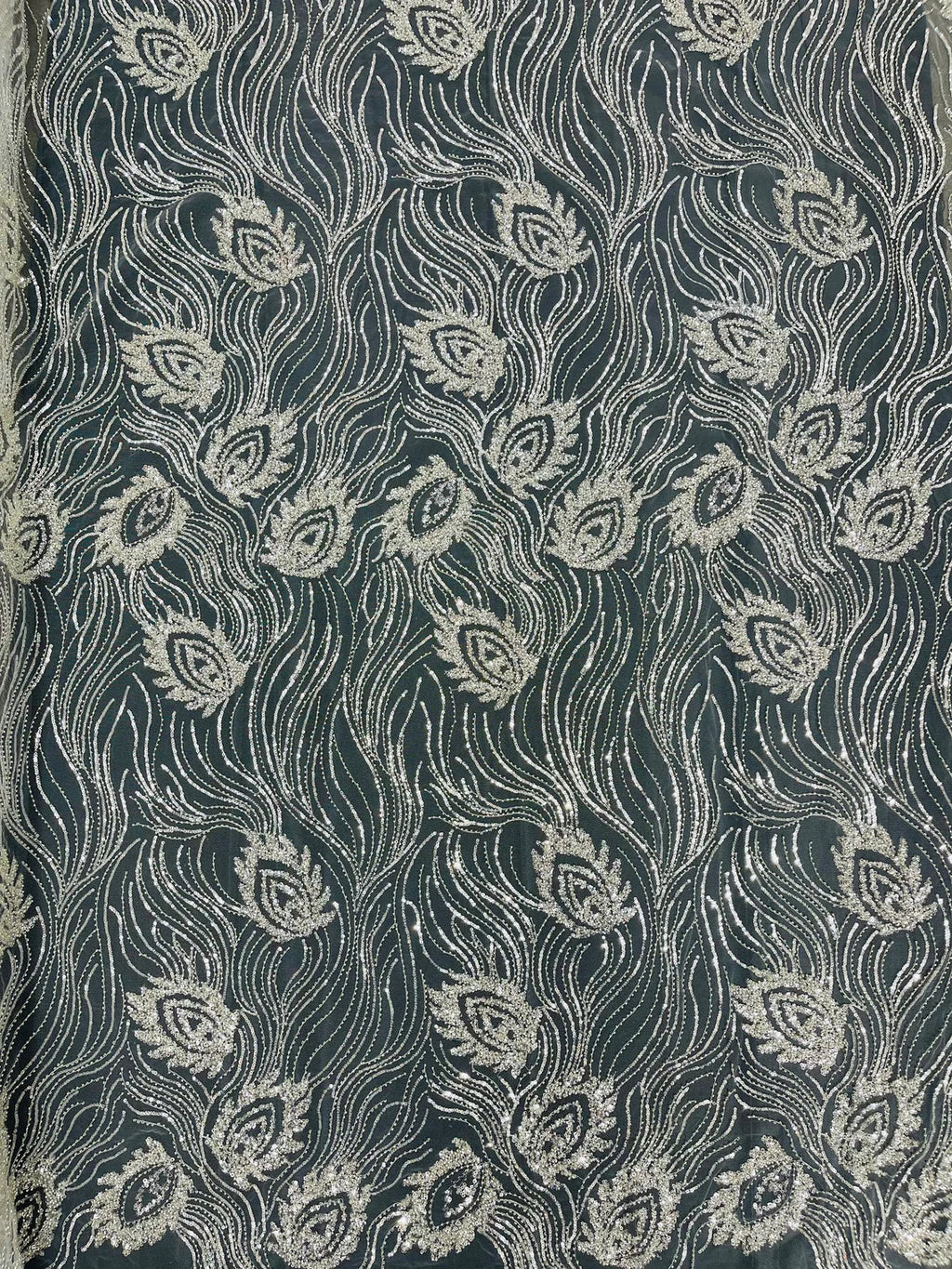 Off-White Leaf Pattern - Elegant Beaded Leaf Design Embroidered Fabric Sold by Yard