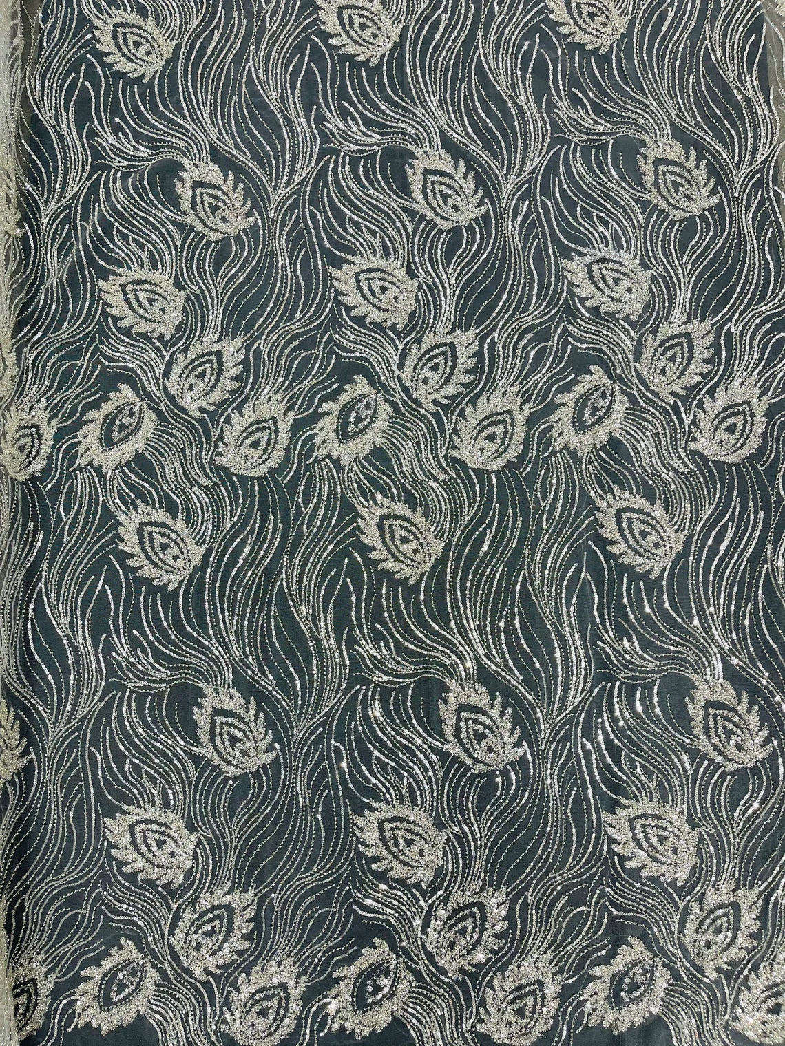 Off-White Leaf Pattern - Elegant Beaded Leaf Design Embroidered Fabric Sold by Yard