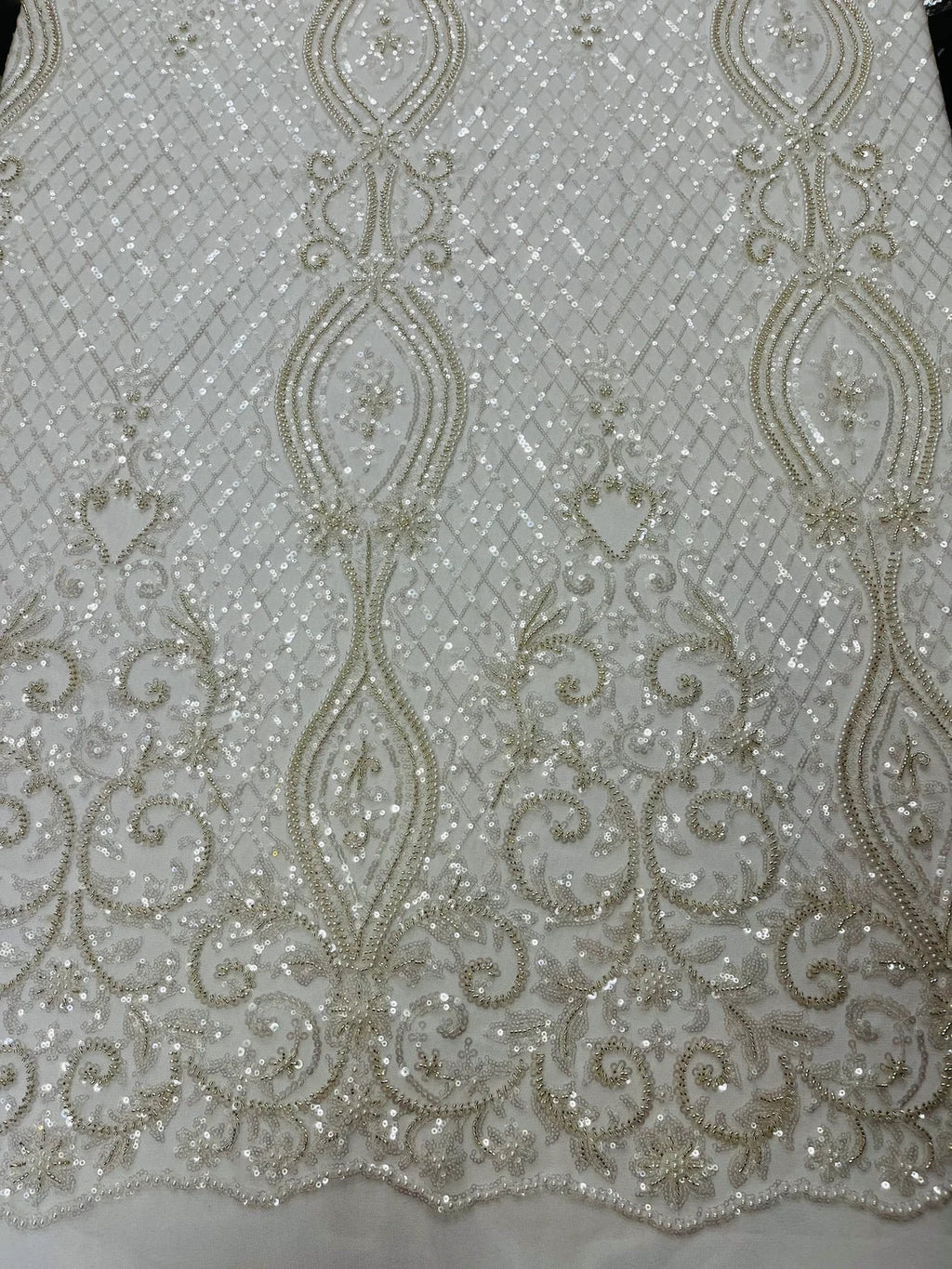 Bead Fashion Damask Fabric - Off-White - Beaded Sequins Geometric Design on Mesh Sold By Yard