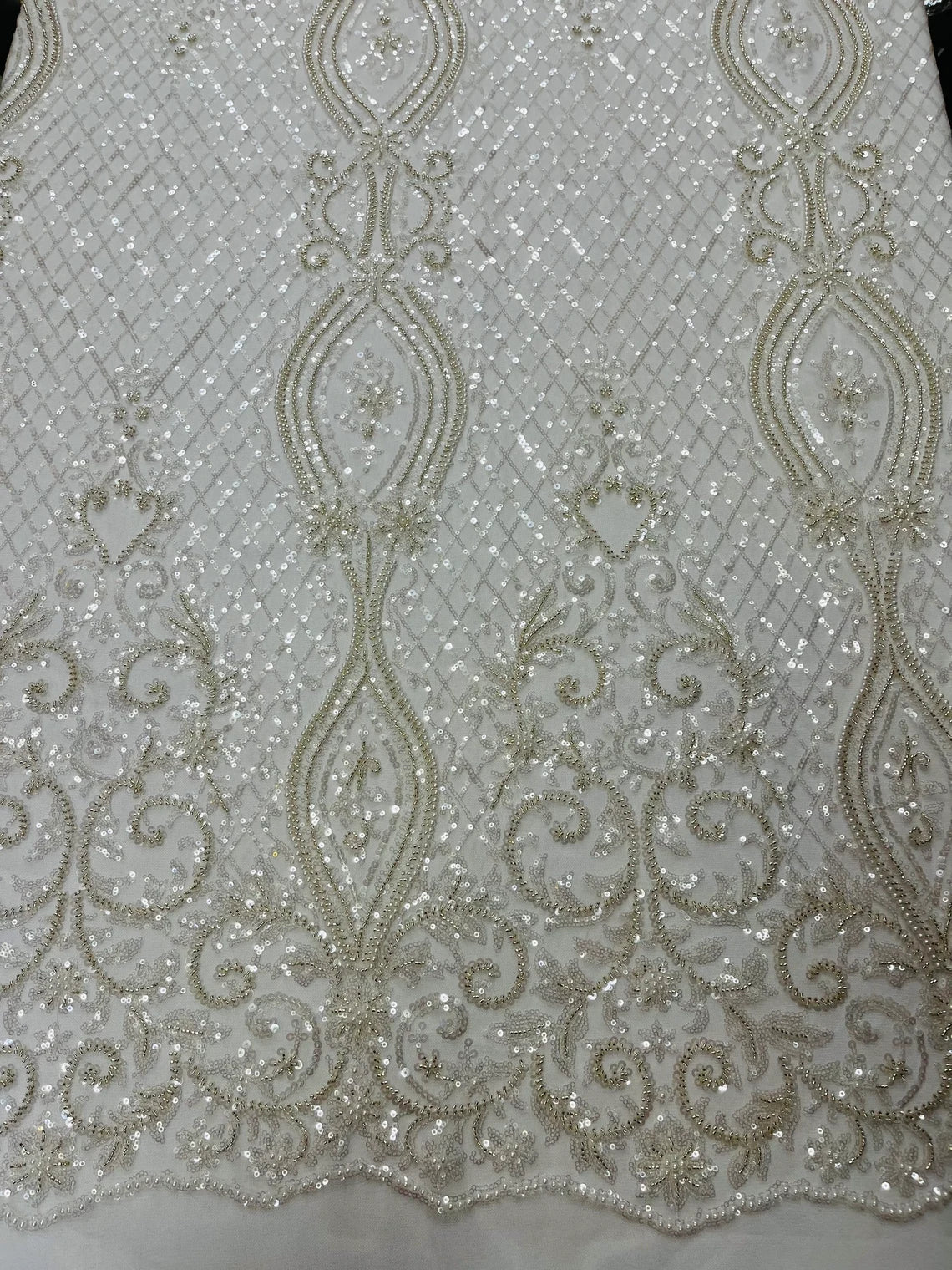 Bead Fashion Damask Fabric - Off-White - Beaded Sequins Geometric Design on Mesh Sold By Yard
