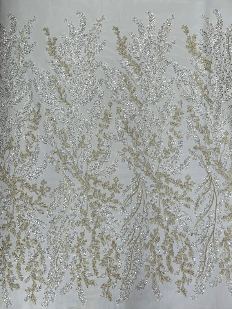 Floral Leaf Bead Sequins Fabric - Off-White - Leaf Nature Beaded Sequins Lace Fabric by the yard