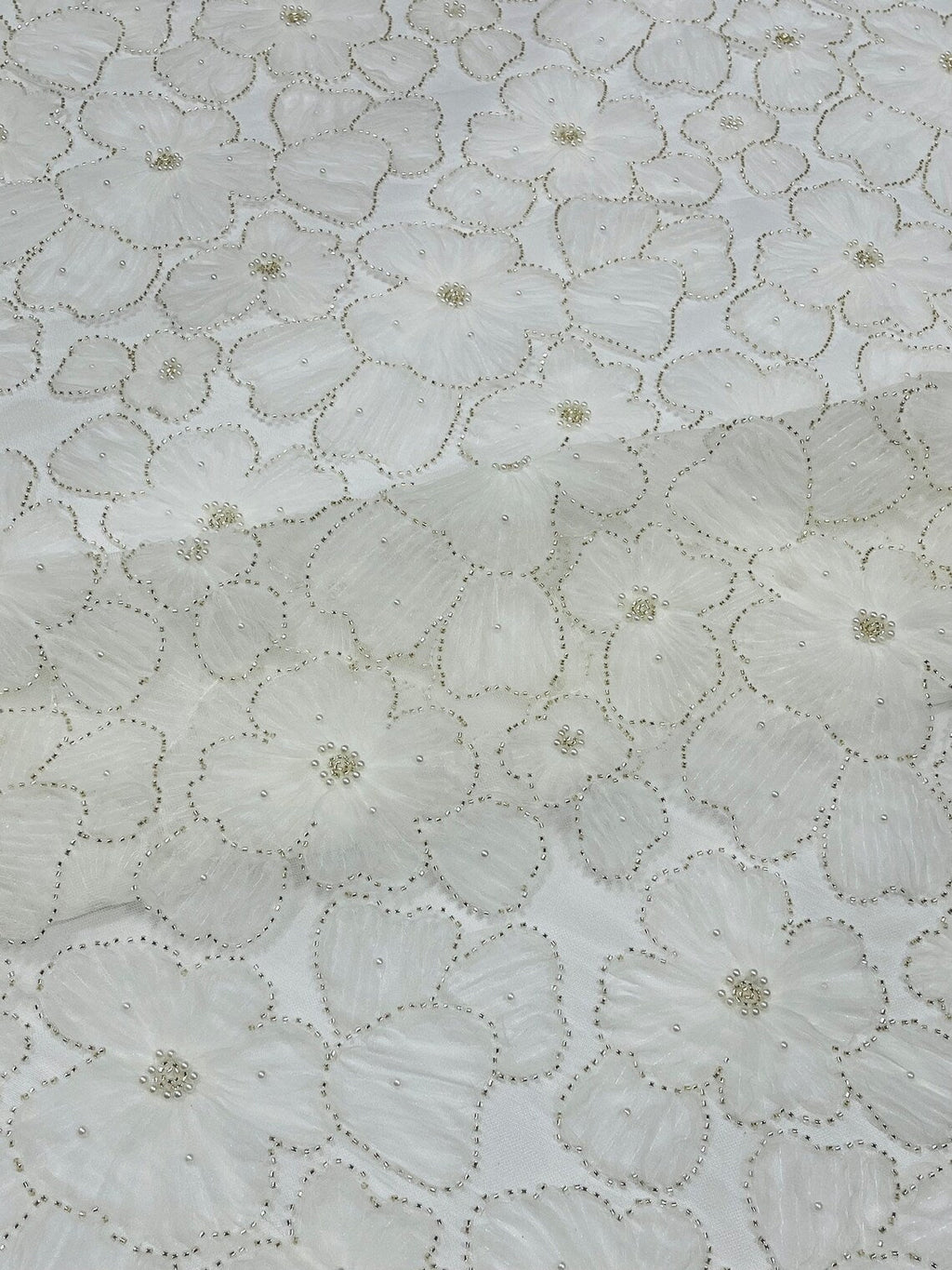 3D Tulle Floral Fabric - Off-White - Flowers Made on Mesh with Small Pearls and Beads Sold By Yard
