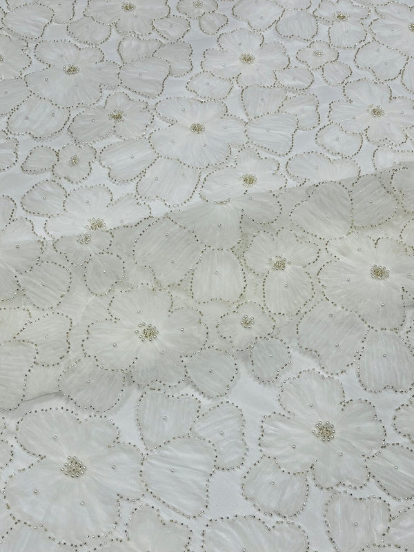 3D Tulle Floral Fabric - Off-White - Flowers Made on Mesh with Small Pearls and Beads Sold By Yard