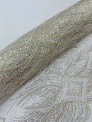 Beaded Lines Fabric - Off-White - Luxury Beads and Sequins Line Design Fabric By Yard