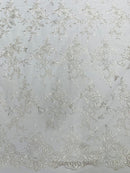 Floral Plant Lace Fabric - Off-White - Embroidery Flower Small Leaf Design Lace Fabric Sold By Yard