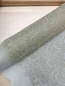 Beaded Swirl Design Fabric - Off-White - Swirl Design with Beads and Sequins on Lace by Yard