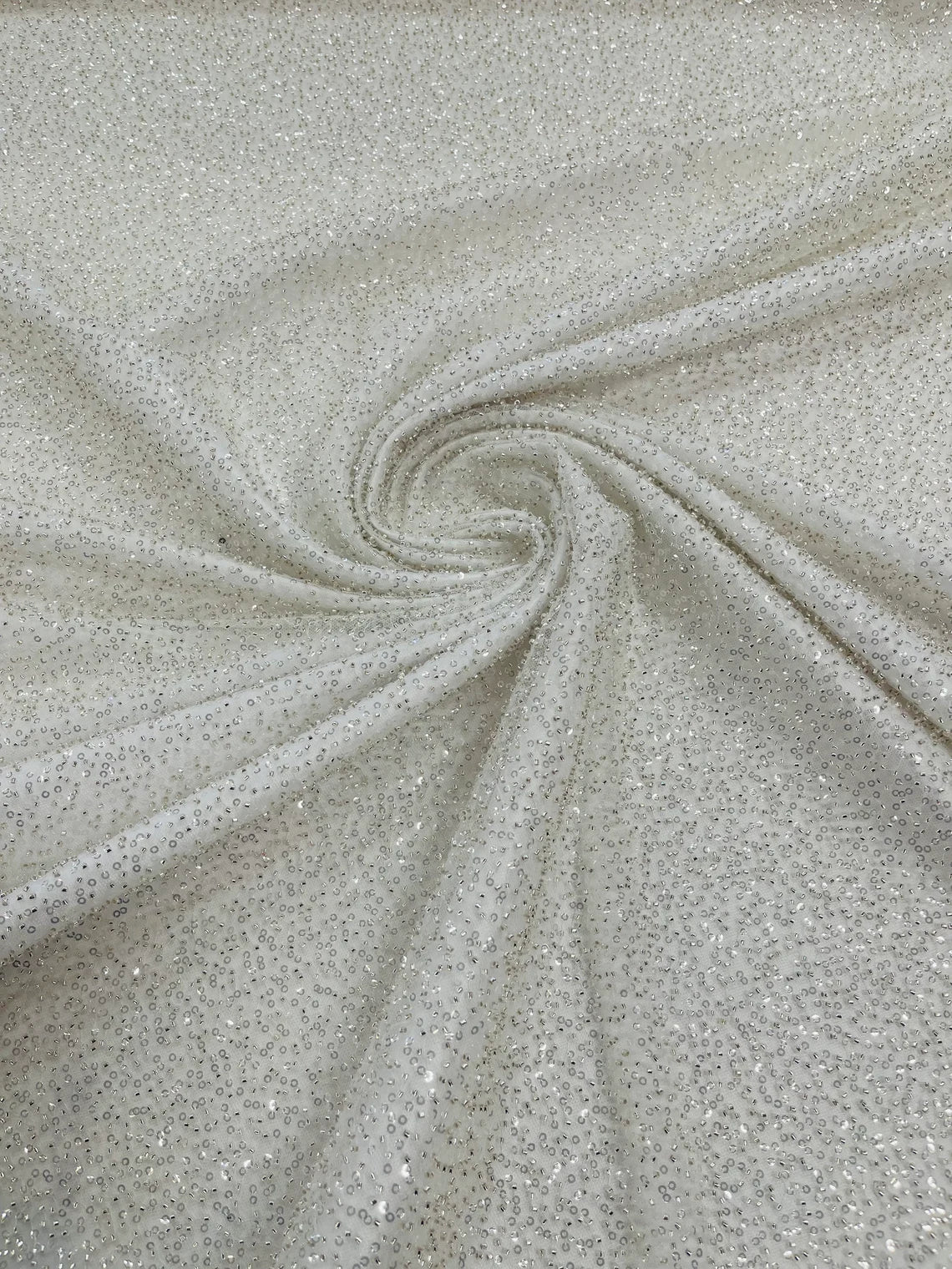 3D Beaded Lace Fabric - Off-White - Heavy Embroidery Handmade Lace, Beaded Fabric By Yard