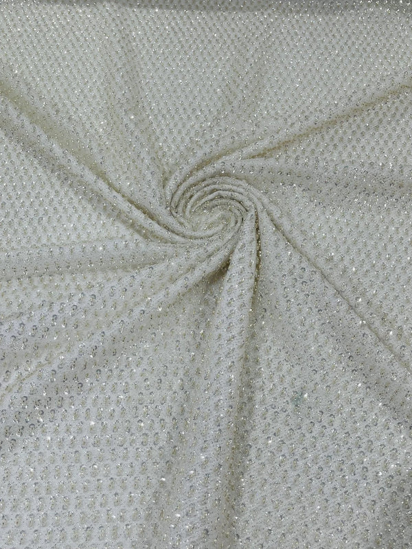 Beaded Glitter Tulle Fabric - Off-White - 60" Wide Shiny Glitter Mesh Fabric Sold By The Yard