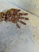 Beaded Floral Plant Design - Off-White - Embroidered Beaded Flower Plants Sequins Fabric By Yard