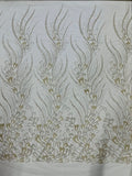 Fancy Wavy Leaf Bead Fabric - Off-White - Leaf Line Beaded Design Embroidered Mesh By Yard