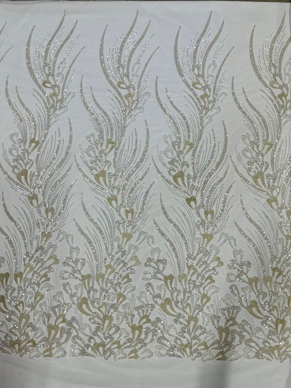 Fancy Wavy Leaf Bead Fabric - Off-White - Leaf Line Beaded Design Embroidered Mesh By Yard