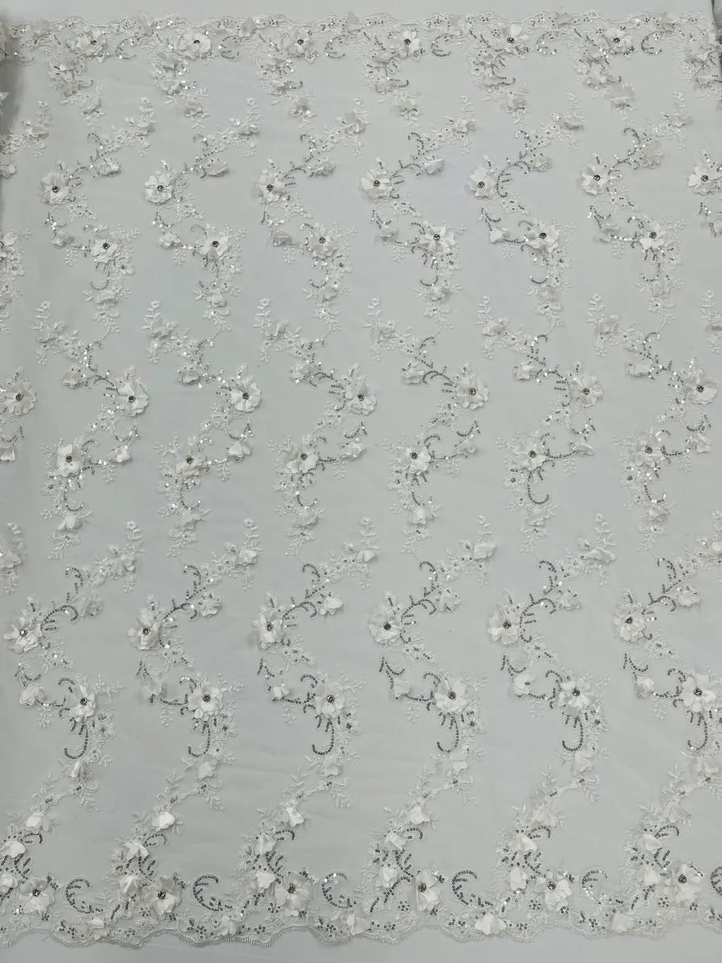 3D Lace Flower Fabric - Off-White - Embroidered Sequins and 3D Floral Patterns on Lace By Yard