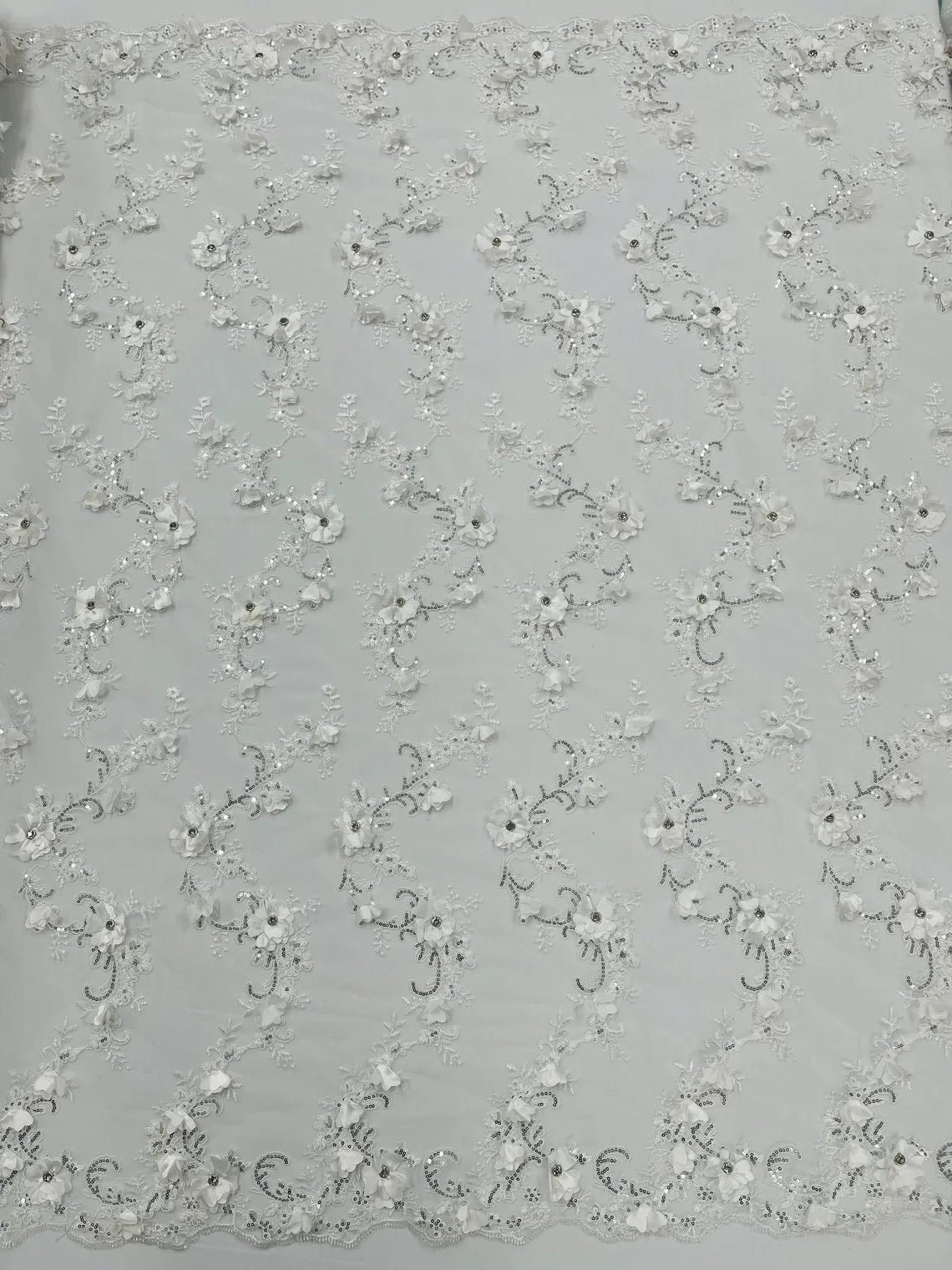 3D Lace Flower Fabric - Off-White - Embroidered Sequins and 3D Floral Patterns on Lace By Yard