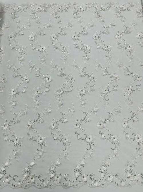 3D Lace Flower Fabric - Off-White - Embroidered Sequins and 3D Floral Patterns on Lace By Yard