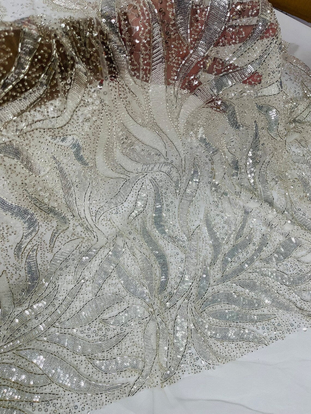 Beaded Fire Design Fabric - Off-White - Fire Flame Design Sequins and Beads on Mesh by Yard