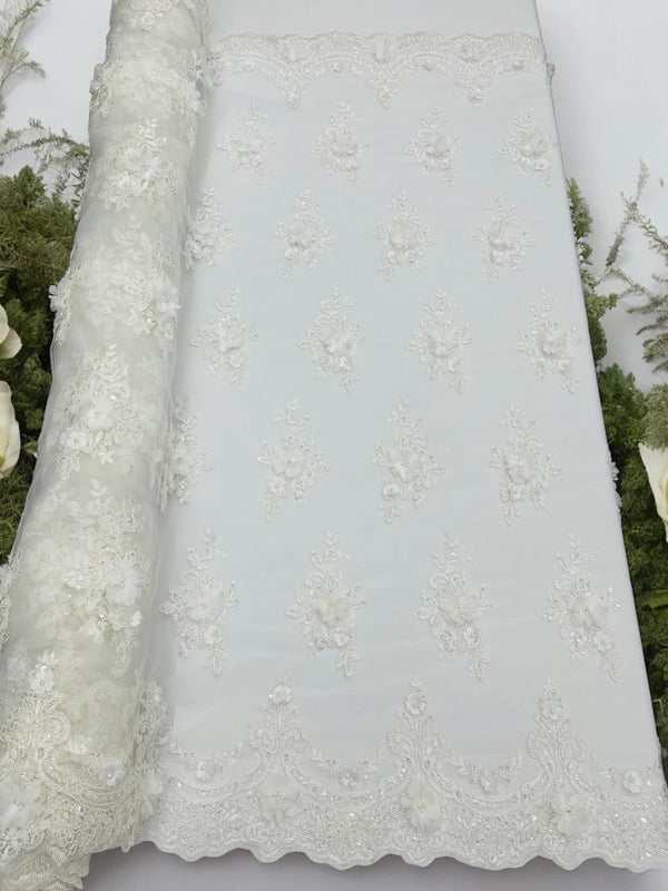 3D Floral Pearl Design - Off-White - Floral Embroidered Pearls and Sequins Fabric By Yard